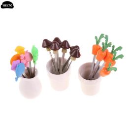 Mignon Animal Carrot Mushroom Shape Fruit Fork For Children Dessert Forks Set avec porte-rangers Party Tasting Fork Cocktail Pick