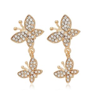 Boucles d'oreilles pendantes en forme d'animal mignon pour femmes, Double cristal papillon, bijoux de fête de mariage, accessoires modernes féminins