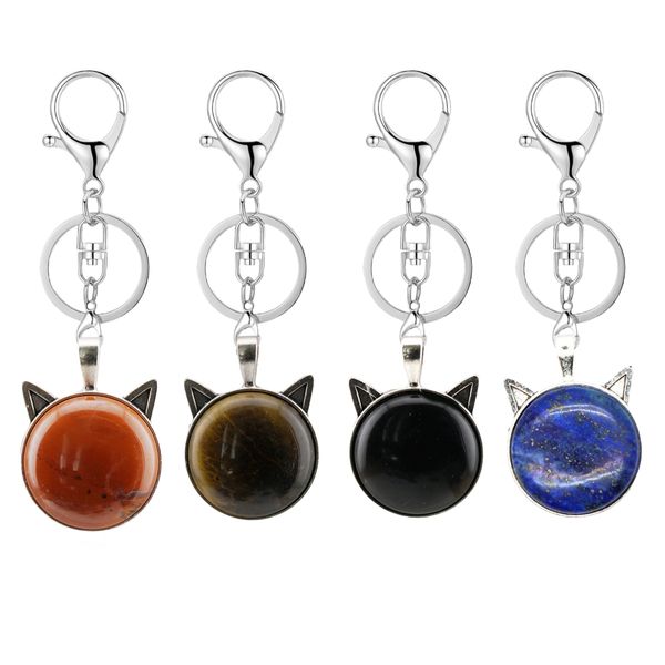 Porte-clés Animal mignon en cristal naturel en forme de tête de chat, porte-clés pour sac à dos, portefeuille, petit pendentif, cadeau de vacances