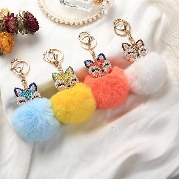 Mignon Animal Pom Pom Porte-clés Bonne qualité Durable Fausse Fourrure Moelleux Porte-clés pour Femmes Fille Diamants Puff Ball porte-clés Bijoux