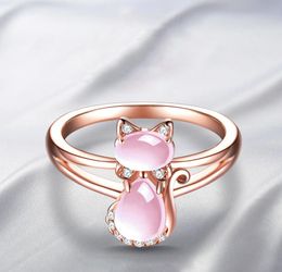 Lindo Animal Color oro rosa anillo de gato para mujeres niñas piedra de cristal rosa gatito anillo de dedo abierto joyería ajustable regalos anillos6663517