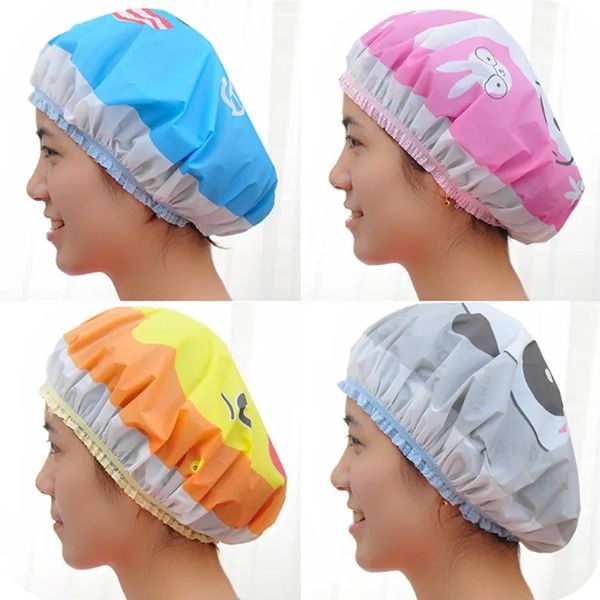 Mignon Animal imperméable bonnet de douche femmes dessin animé PVC lavage visage cheveux couverture dentelle élastique bande bain cheveux casquettes Anti-fumée chapeau