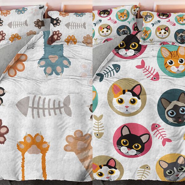 Lindos animales gatos conjuntos de ropa de cama dibujos animados gato perro pata niños funda nórdica conjunto impreso colcha 3 unids reina rey tamaño ropa de cama C0223