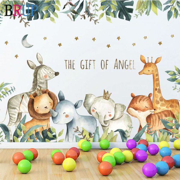 Autocollants muraux animaux mignons Jungles forêt, Style de peinture pour salon, chambre d'enfants, sparadrap muraux, décoration murale pour chambre de bébé, peintures murales cadeaux