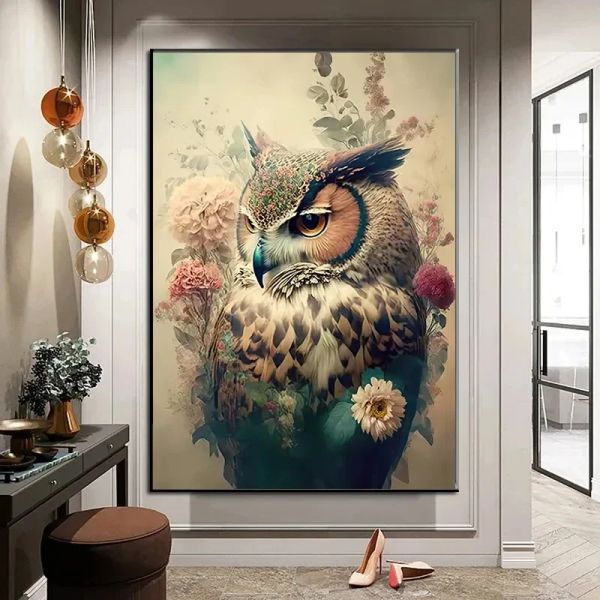 Lindos animales Carteles y estampados de búho Pinturas de lona de búho de flores Fotos de arte de pared vintage para sala de estar Decoración del hogar