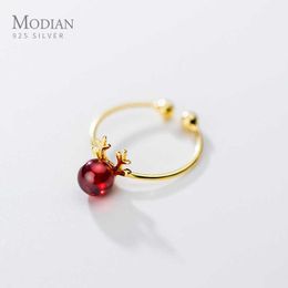 Lindo astas anillo de cristal rojo para las mujeres 925 plata esterlina tamaño libre patrón de alce animal joyería fina regalo de Navidad 210707