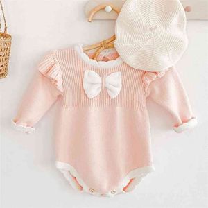 Mignon Automne Hiver Infantile Bébé Filles Bowknot Barboteuses Vêtements Enfants Fille À Manches Longues Tricot Vêtements 210521