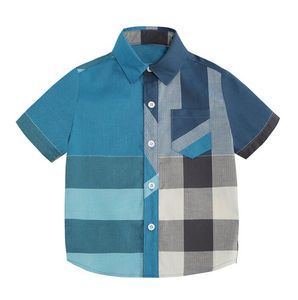 Lindos bebés, camisas a cuadros azules, camisa de manga corta para niños de verano, camisa de algodón con cuello vuelto para niños, camisetas para niños, ropa de 3 a 8 años