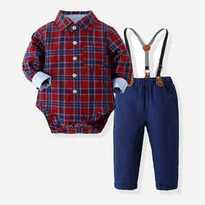 Schattige baby jongens gentleman stijl kleding sets lente herfst peuter lange mouwen plaid rompertjes + jarretelle broek 2pcs set kinderen pakken baby outfits