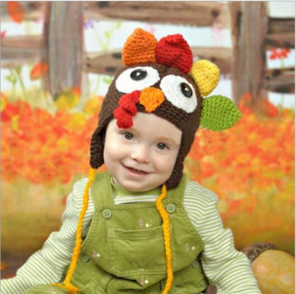 Bonito sombrero hecho a ganchillo para bebé, regalo para el Día de Acción de Gracias, trajes de pavo, accesorios de fotografía para niño, niña, niño, gorro de punto de lana