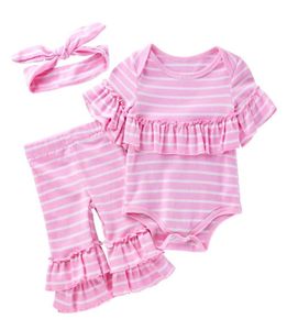 Schattige babymeisje herfstkledingsets 024Month pasgeboren babyontwerper roze streep ruche romperpakken katoenen rompertjesPantsHeadban3163110