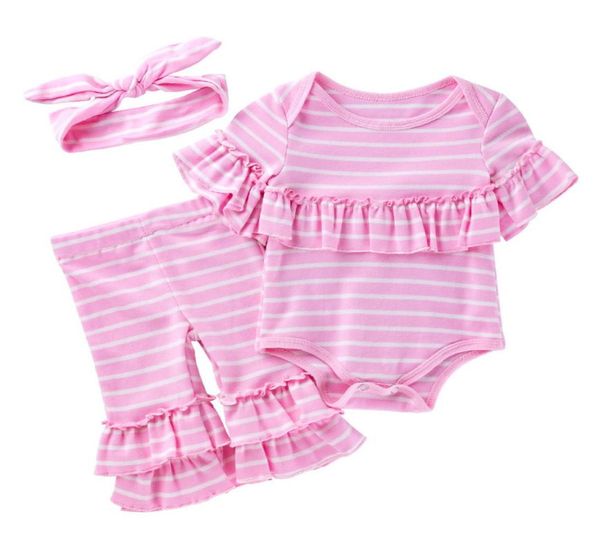 Lindo bebé niña conjuntos de ropa de otoño 024 meses recién nacido diseñador infantil raya rosa volante mameluco trajes mamelucos de algodón pantalones diadema 4725629