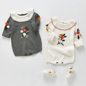 Schattige baby meisje gebreide borduur rompertjes lente herfst lange mouwen mode baby kleding 0-3yrs 210429