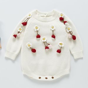Schattige baby meisje gebreide rompertjes lente herfst lange mouwen fashion baby kleding aardbei 0-3yrs 210429