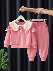 Schattige babymeisjes kleren sets Casual Peter Pan Collar Kids pullover jassen tops+broek 2 stks lente herfst kinderen kledingpak l2405