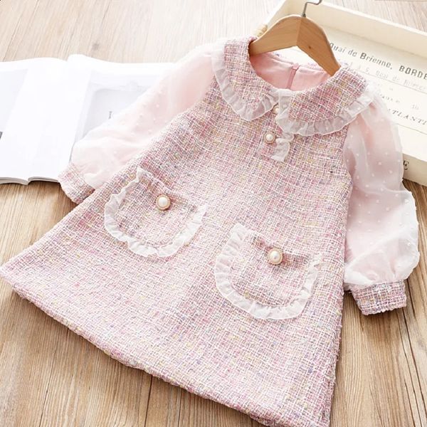 Mignon bébé filles robes printemps automne manches bouffantes enfants princesse vêtements Plaid poupée col fête adolescents porter pour 6 8 10 12 ans 240130