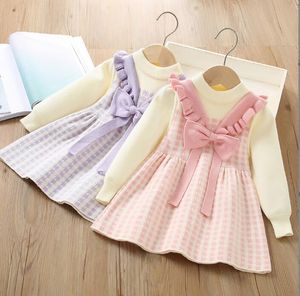 Schattige babymeisjes prinsessenjurken met strik Kinderen jurk met lange mouwen Kinderen gebreide jurk 2-7 jaar