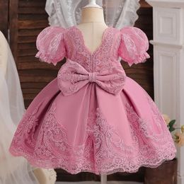 Mignon bébé dentelle fleur Tutu robe de fête de mariage arc perles princesse fille robe Inafnt rose 1er anniversaire tenues formelle Gala tissu 240322