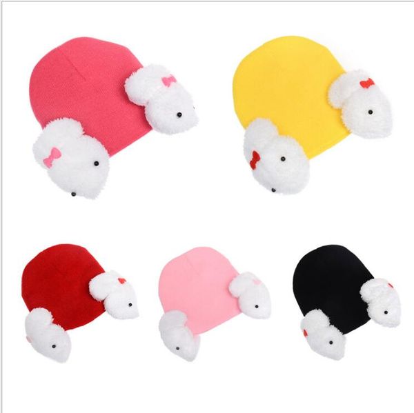 Lindo Bebé Invierno cálido sombreros Orejeras gorros de punto 5 colores niños sombrero dibujos animados conejo diseño crochet Animal sombreros recién nacido gorro cálido