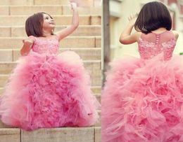 Robe de bal mignonne Tutu robes de filles de fleur pour les mariages jupe en tulle froncé longueur de plancher en dentelle rose filles robes de reconstitution historique enfant en bas âge Dres5575617