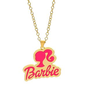 Lindos collares con letras de Barbies, colgante redondo de color rosa con cadena de eslabones dorados, dijes de joyería para fiesta de princesa para niñas, accesorios de diseño de moda para regalos de mujeres