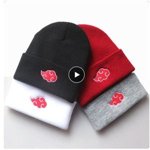 Leuke Mutsen Vrouwen Herfst Winter Warme Muts Anime Akatsuki Cosplay Red Cloud Borduren Caps Voor Mannen Gebreide Motorkap Unisex GC2445