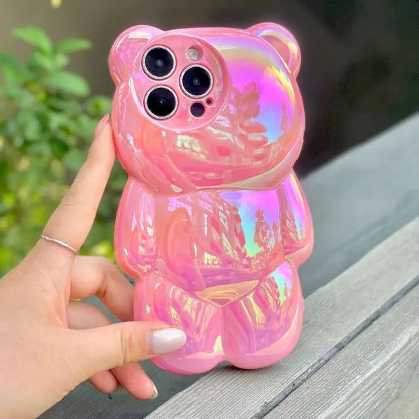 Funda bonita de oso para iPhone 15, 14, 13, 12, 11Pro Max, 11, funda acolchada de silicona brillante con láser arcoíris brillante para iPhone 13 pro