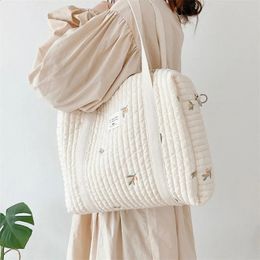 Lindo oso flor bordado patrón bebé beige tela de algodón cremallera pañal bolso equipaje bolsa 240130