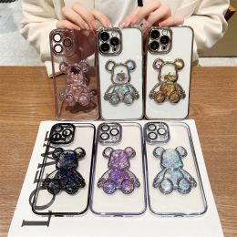 Lindo oso Glitter Quicksand Case para iPhone 15 14 13 12 11 Pro Max 7 8 Plus XS Max XR X Lente Película protectora Cubierta de recubrimiento