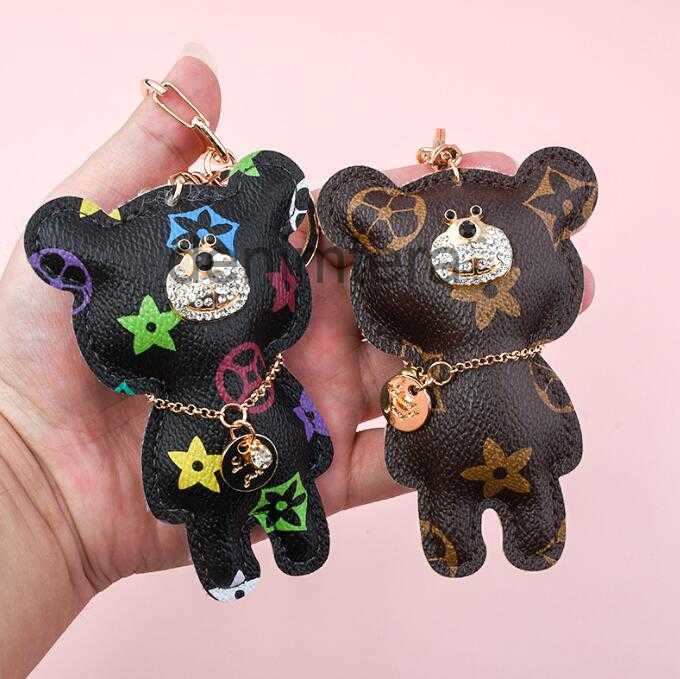 Cute Bear Keychains Rhinestone Pu Leather Flower Key Ring Car Chain Jewelry Bag Charm Animal Keyring Holder A2YC