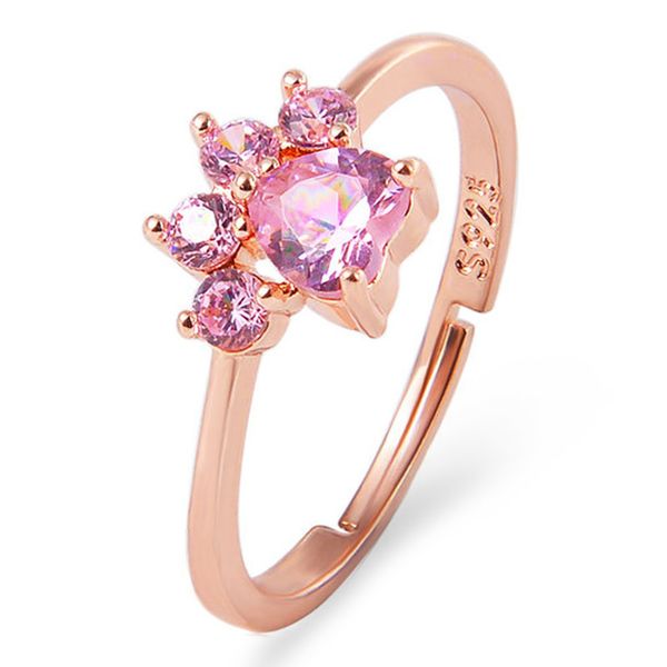 Bonito anillo ajustable con apertura de garra de gato y pata de oso, anillos de Color dorado para mujer, boda romántica, cristal rosa, CZ, regalos de amor, joyería