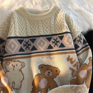 Cute Bear Tops Oversize Men High Street Knitting Sweater Tops Otoño Pullover Loose Harajuku Kawaii White Mujeres Pareja Suéteres 211221