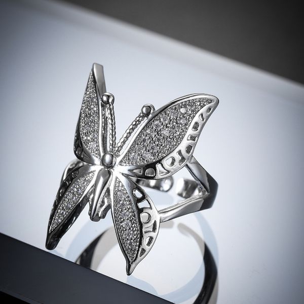 Bonito anillo abierto de mariposa grande para mujer, anillos de dedo de circón con mariposa insecto para regalo, joyería de moda para fiestas