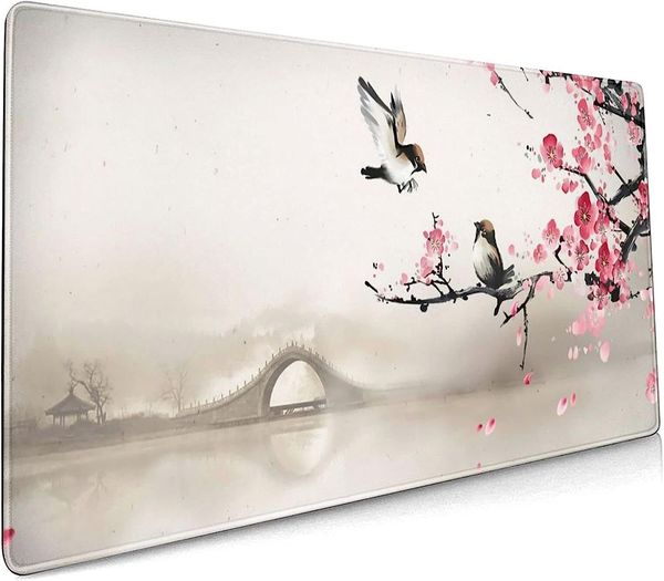 Tapis de souris étendu Sakura Oiseaux mignons 35,4 x 15,7 pouces XXL Fleur de cerisier Floral Base en caoutchouc antidérapant Grand