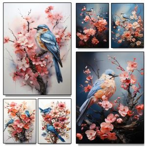 Mignon Blue Bird Peach Blossom Fleurs 3d Art Toile imprimé Mur Mural Affiches Animal Animal Salon idéal Décor de maison moderne Cuadros