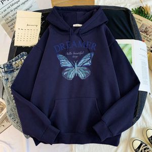 Mignon papillon bleu rêveur à capuche décontracté Harajuku sweats à capuche rue mode hommes vêtements polaire chaud survêtement pour homme Y0804