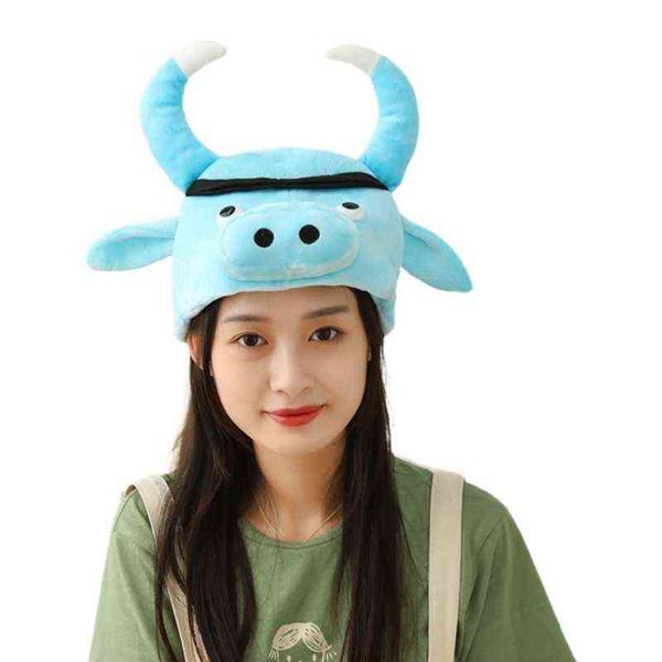 Mignon bleu corne de vache oreilles en peluche chapeau drôle zodiaque chinois année du boeuf peluche jouet bonnet nouvel an festival fête faveur photo Y21111