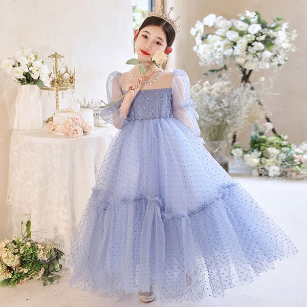 Jobes de fleurs bleues mignonnes Robes à manches longues perle princesse pour enfants Longueur de la longueur de sol Robe de demoiselle d'honneur Ball Girl Pageant Blow Bling Birthday Robes 403