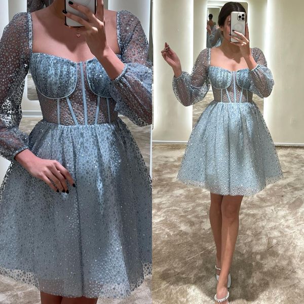 Jolie robe de cocktail bleue scintillante col carré manches longues robes de bal courtes corsage osseux paillettes perles mini fête retour robe occasion spéciale