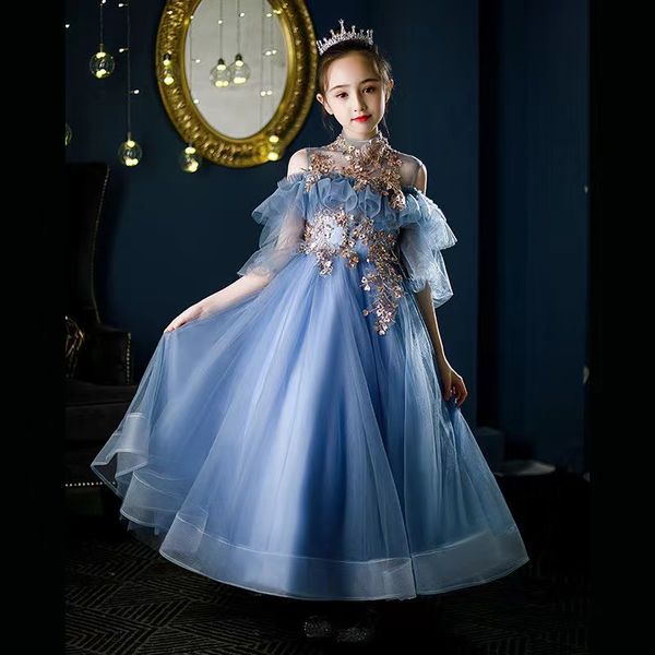 Lindos vestidos azules para niñas pequeñas Apliques florales en 3D Vestido de fiesta para niños pequeños Vestido de niña de las flores Hasta el suelo Vestido de fiesta de tul Princesa Vestido de primera comunión