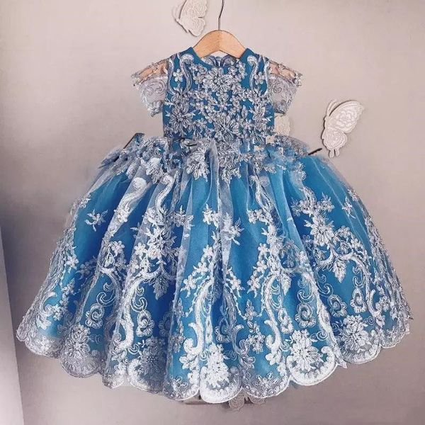 Mignon bleu manches courtes robes de filles de fleur bijou cou dentelle appliques perlée petite fille première communion fête d'anniversaire robe de concours