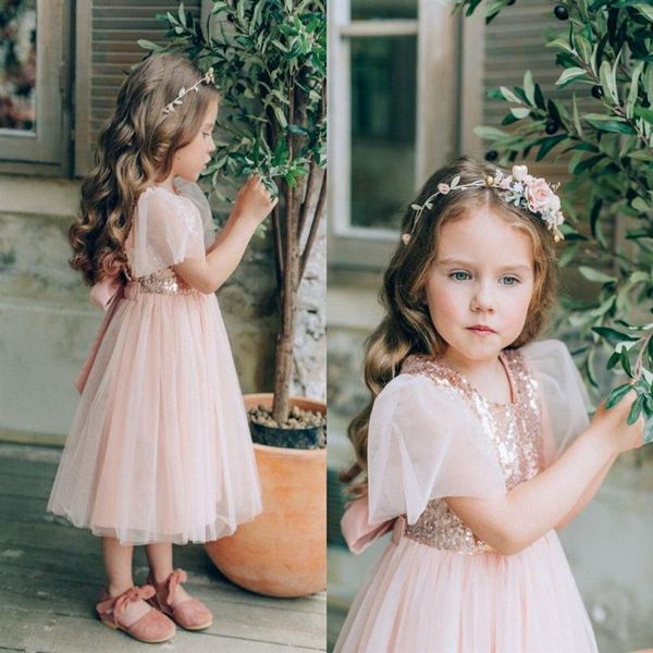 Lindo Blush Pink Flower Girl Vestidos Brillante Tea-Longitud Fiesta de cumpleaños Vestido de desfile Vestido de novia formal con lentejuelas 2889