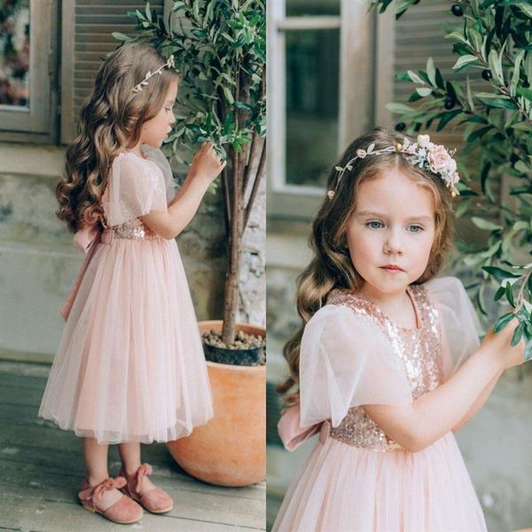 Lindo Blush Pink Flower Girl Vestidos Brillante Tea-Length Fiesta de cumpleaños Vestido de desfile Vestido de novia formal con lentejuelas 180Z