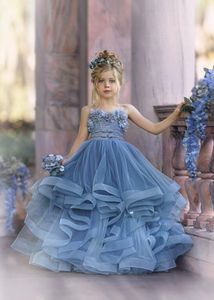 Leuke Bohemian Wedding Pale Blue Flower Meisje Jurken Spaghetti Bandjes Bloemen Applicaties Tiered Rokken Kleine Meisjes Pageant Jurk Een Lijn Kids Verjaardag Partyjurken