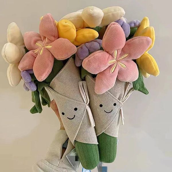 Bouquet mignon jouet en peluche en peluche en peluche tenant une fleur de fleur de poupée douce cadeau de mariage décoration pour enfants toys 240426