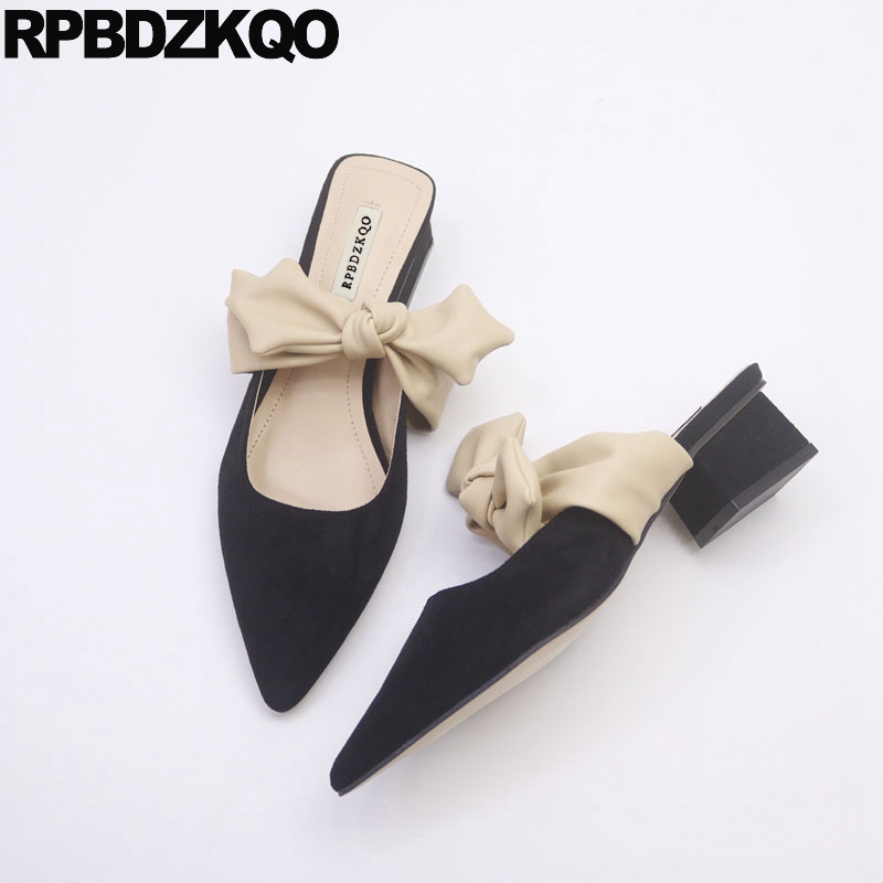 cute bow autumn chinese korean designer slides women 2018 black chunky mules suede sandals pointed toe ladies shoes slippers