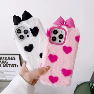 schattige strik liefde hart hoesjes voor iphone 15 14 pro max 13 12 11 xr xs x 8 7 strik echt konijnenhaar zacht tpu dier pluizig bont slimme mobiele telefoon achterkant mooie huid