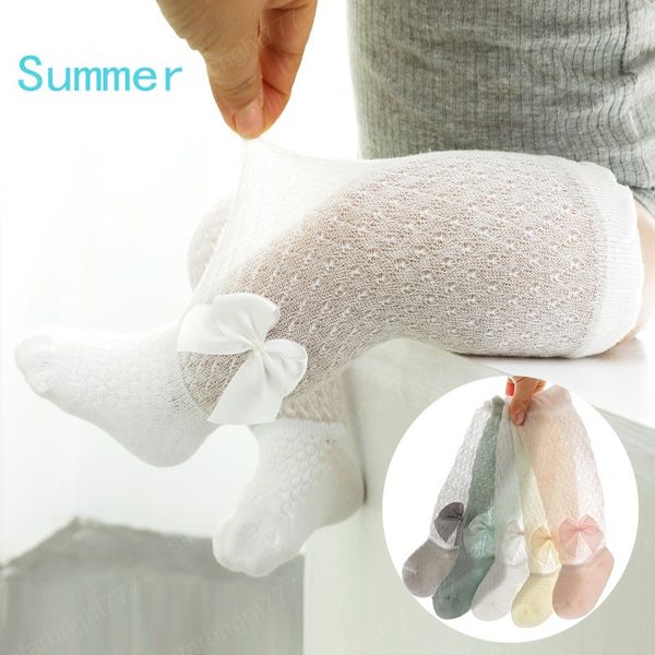 Calcetines bonitos con lazo para bebé, calcetines largos transpirables de malla de verano para niños y niñas, calcetines por encima de la rodilla de algodón suave de Color sólido para recién nacidos