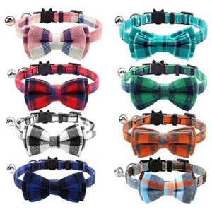 Lindo Bowtie Cat Collar Breakaway con Bell Plaid Set para Kitty Puppy Collares de seguridad ajustables 7.8-10.2 24 Color al por mayor L