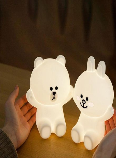 Mignon Brown Bear Rabbit Touch Control LED Night Light USB Charge Silicone Lampe de chambre à coucher lampe de chambre à coucher